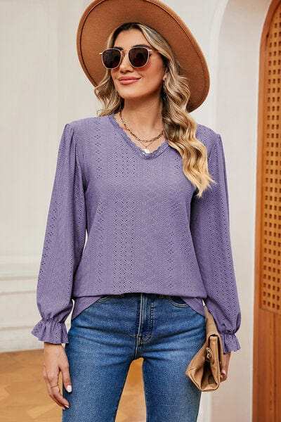 Eyelet V-Neck Flounce Sleeve T-Shirt - Trendsi - Flyclothing LLC