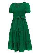 Smocked Tie Front Short Sleeve Tiered Dress - Trendsi - Flyclothing LLC