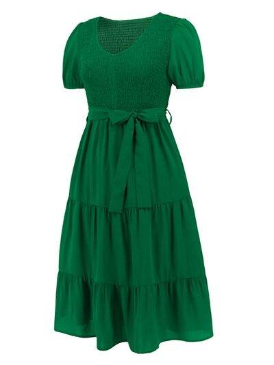 Smocked Tie Front Short Sleeve Tiered Dress - Trendsi - Flyclothing LLC