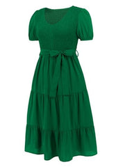 Smocked Tie Front Short Sleeve Tiered Dress - Flyclothing LLC