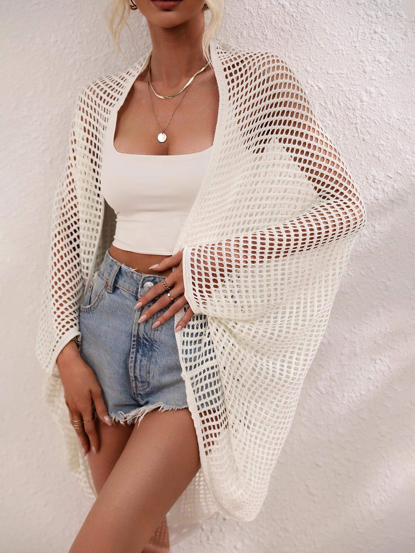 Openwork Open Front Longline Cover Up - Trendsi - Flyclothing LLC