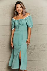 Swiss Dot Slit Off-Shoulder Dress - Trendsi - Flyclothing LLC