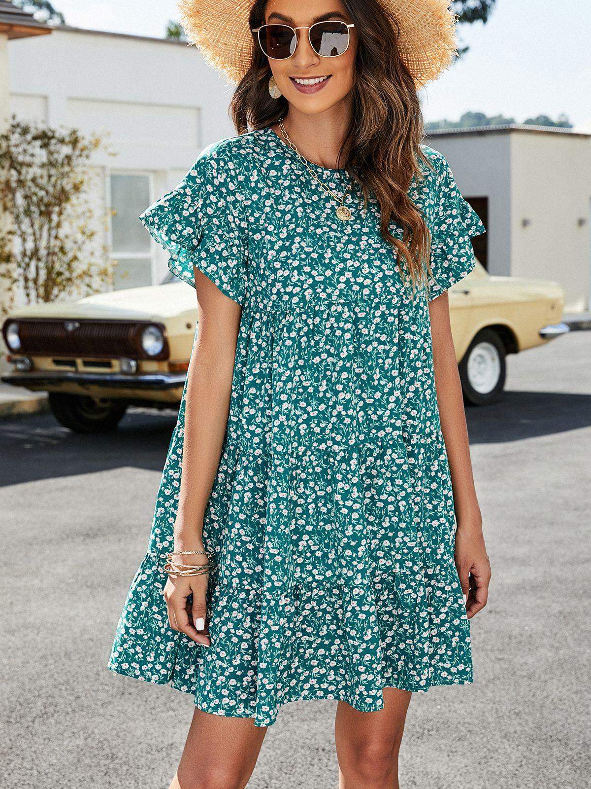 Leopard Short Flounce Sleeve Tiered Dress - Trendsi - Flyclothing LLC