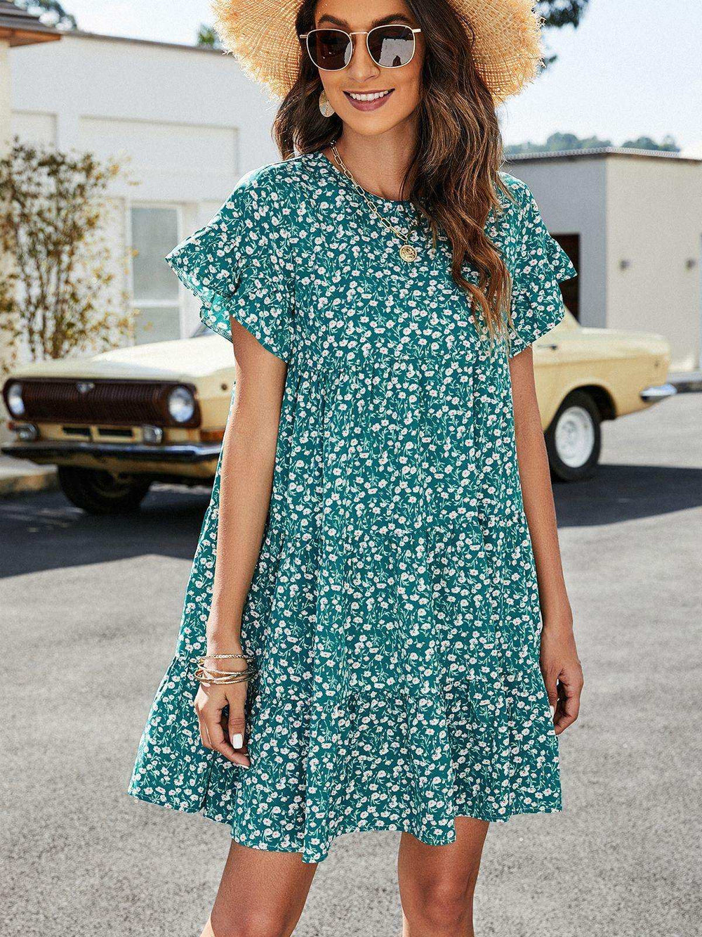 Leopard Short Flounce Sleeve Tiered Dress - Trendsi - Flyclothing LLC