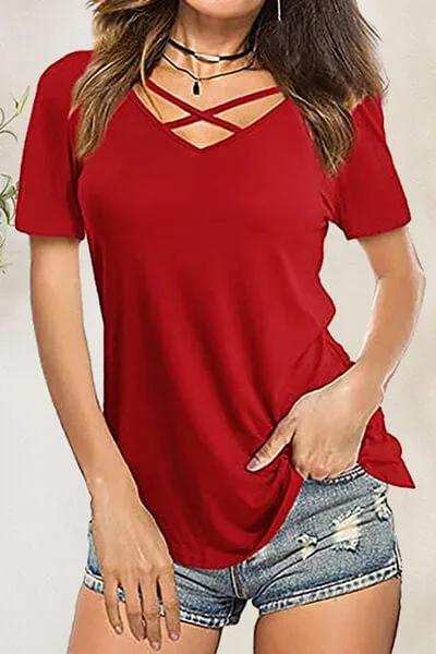 Crisscross Short Sleeve T-Shirt - Trendsi - Flyclothing LLC