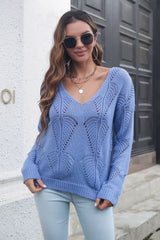 Openwork V-Neck Dropped Shoulder Sweater - Trendsi