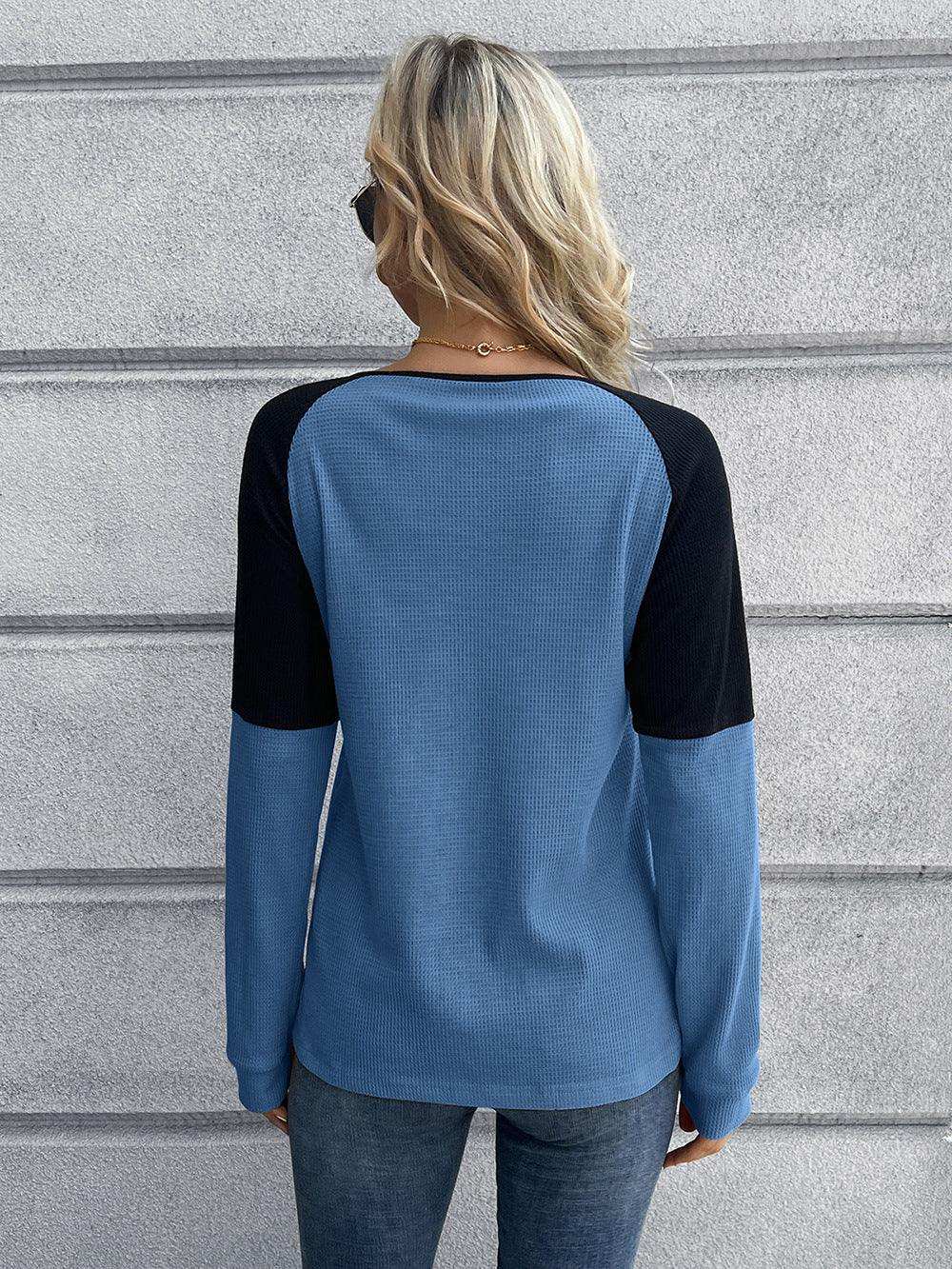 Contrast Buttoned Round Neck Raglan Sleeve Top - Trendsi - Flyclothing LLC