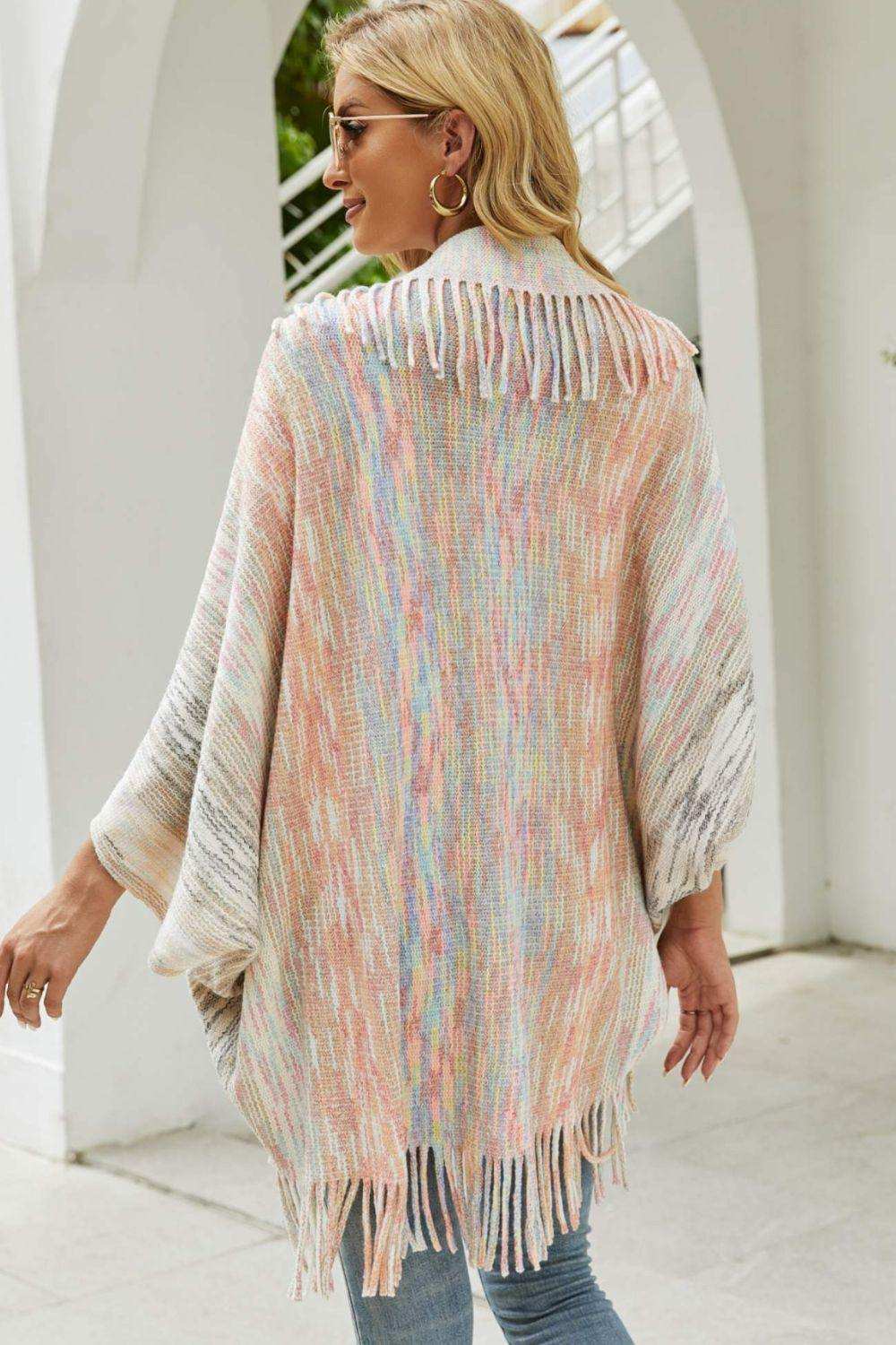 Multicolored Fringe Trim Poncho - Trendsi - Flyclothing LLC