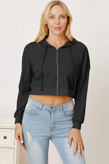 Waffle-Knit Drawstring Zip Up Hoodie - Trendsi - Flyclothing LLC