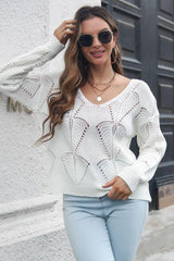 Openwork V-Neck Dropped Shoulder Sweater - Trendsi