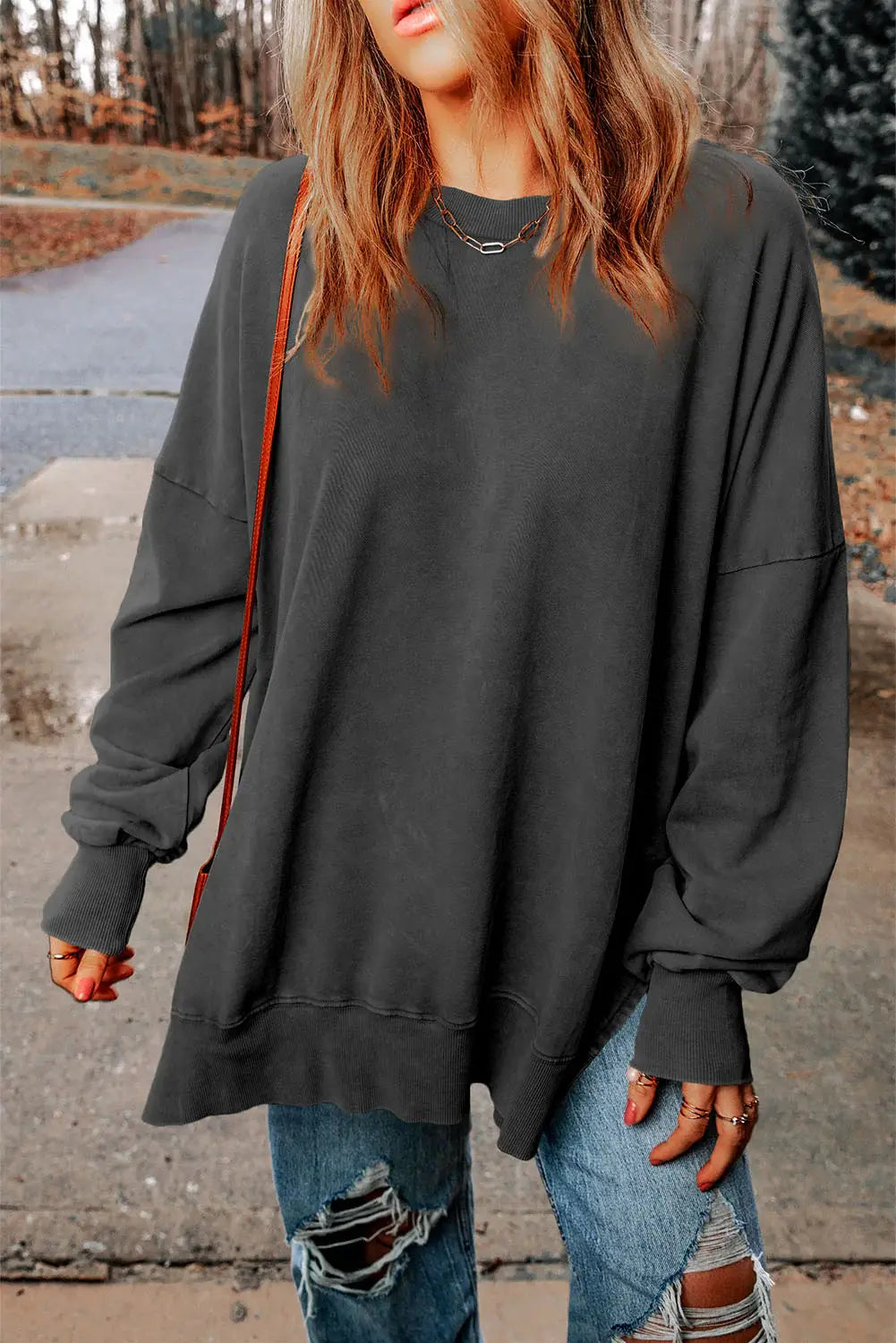 Dropped Shoulder Round Neck Long Sleeve Blouse - Trendsi - Flyclothing LLC