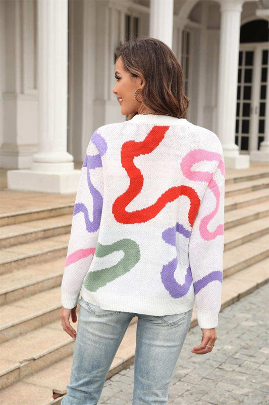 Printed Round Neck Dropped Shoulder Pullover Sweater - Trendsi - Flyclothing LLC