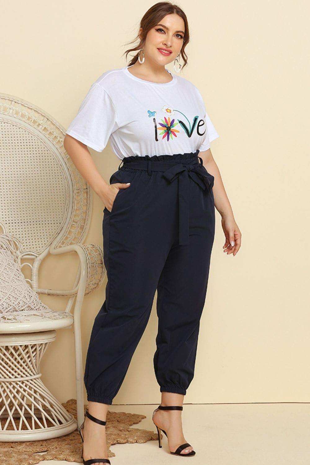 Graphic Tee and Belted Paperbag Joggers Set - Trendsi - Flyclothing LLC