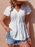 Button Front Eyelet Flutter Sleeve Tiered Blouse - Trendsi