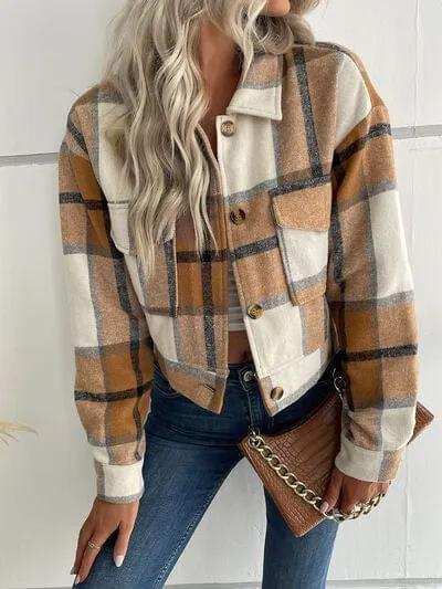 Plaid Button Up Drop Shoulder Cropped Jacket - Trendsi - Flyclothing LLC