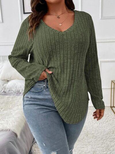 Plus Size V-Neck Long Sleeve T-Shirt - Trendsi