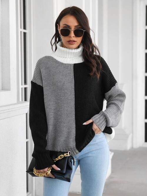 Contrast Turtleneck Long Sleeve Sweater - Trendsi - Flyclothing LLC