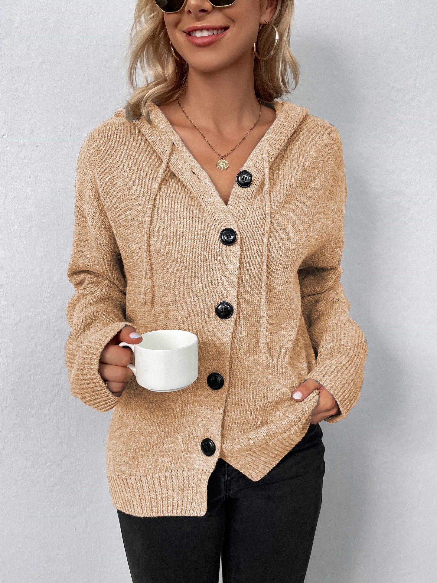 Button-Down Long Sleeve Hooded Sweater - Trendsi - Flyclothing LLC