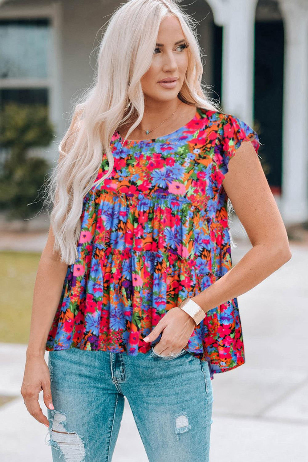 Floral Round Neck Frill Trim Blouse - Trendsi