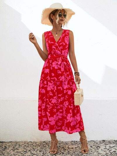 Tied Printed Surplice Tiered Dress - Trendsi - Flyclothing LLC