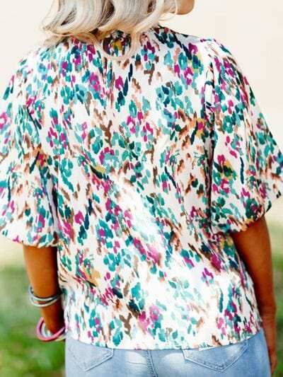 Printed Mock Neck Half Sleeve Blouse - Trendsi - Flyclothing LLC