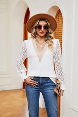 Contrast V-Neck Long Sleeve Blouse - Trendsi