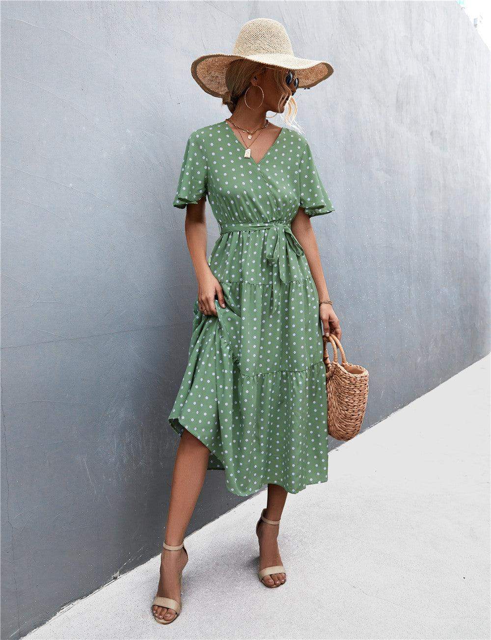 Printed V-Neck Flutter Sleeve Belted Dress - Trendsi - Flyclothing LLC