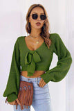 Bow V-Neck Long Sleeve Cropped Sweater - Trendsi - Flyclothing LLC