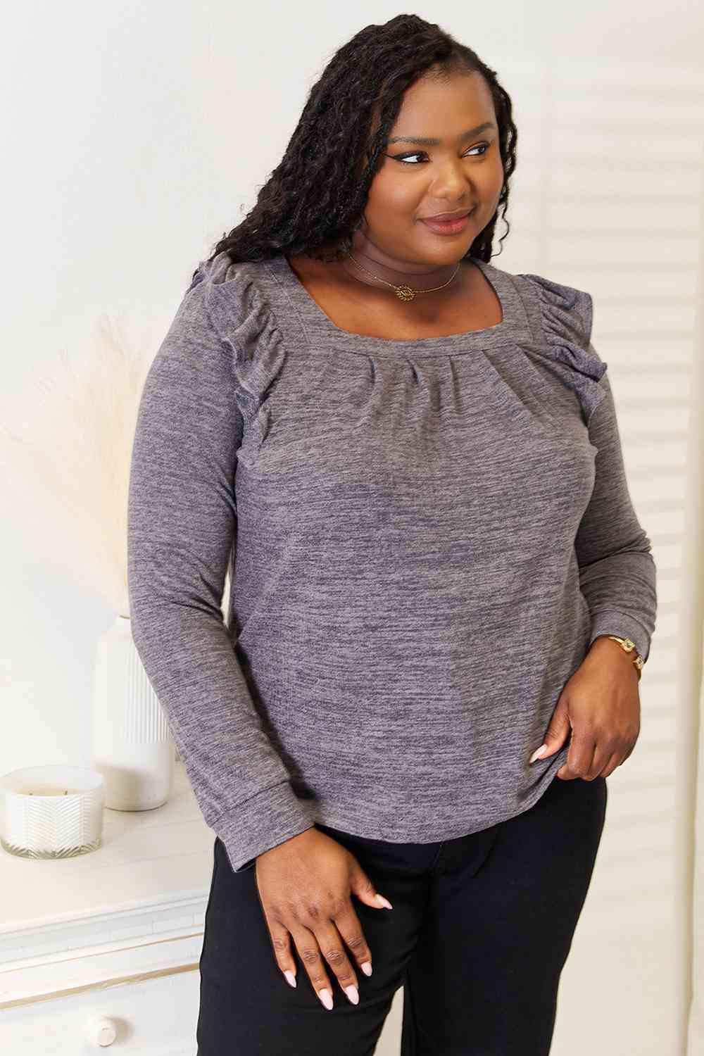 Double Take Square Neck Ruffle Shoulder Long Sleeve T-Shirt - Trendsi - Flyclothing LLC