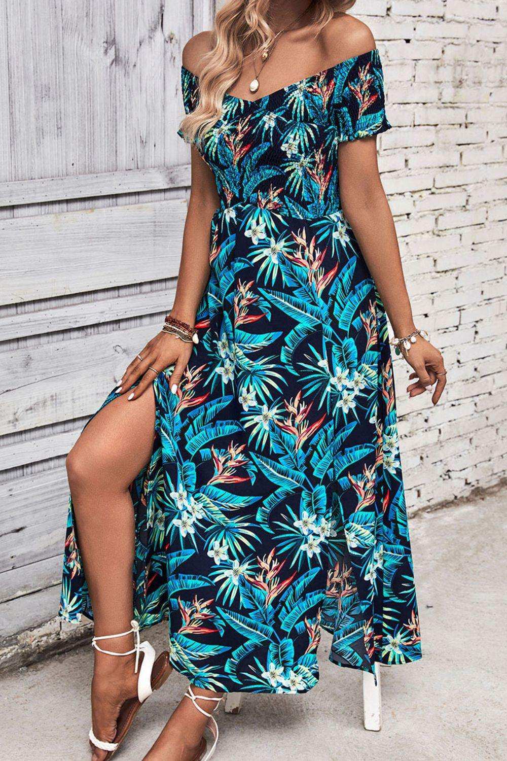 Floral Off-Shoulder Slit Dress - Trendsi - Flyclothing LLC