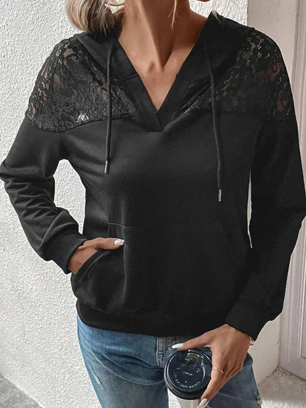 Lace Trim Dropped Shoulder Hoodie - Trendsi - Flyclothing LLC