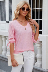 Eyelet Drawstring V-Neck Half Sleeve T-Shirt - Trendsi - Flyclothing LLC
