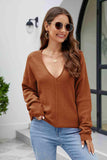 V-Neck Drop Shoulder Long Sleeve Knit Top - Trendsi - Flyclothing LLC