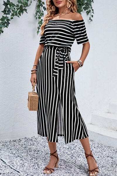 Slit Off-Shoulder Tie-Waist Midi Dress - Trendsi - Flyclothing LLC