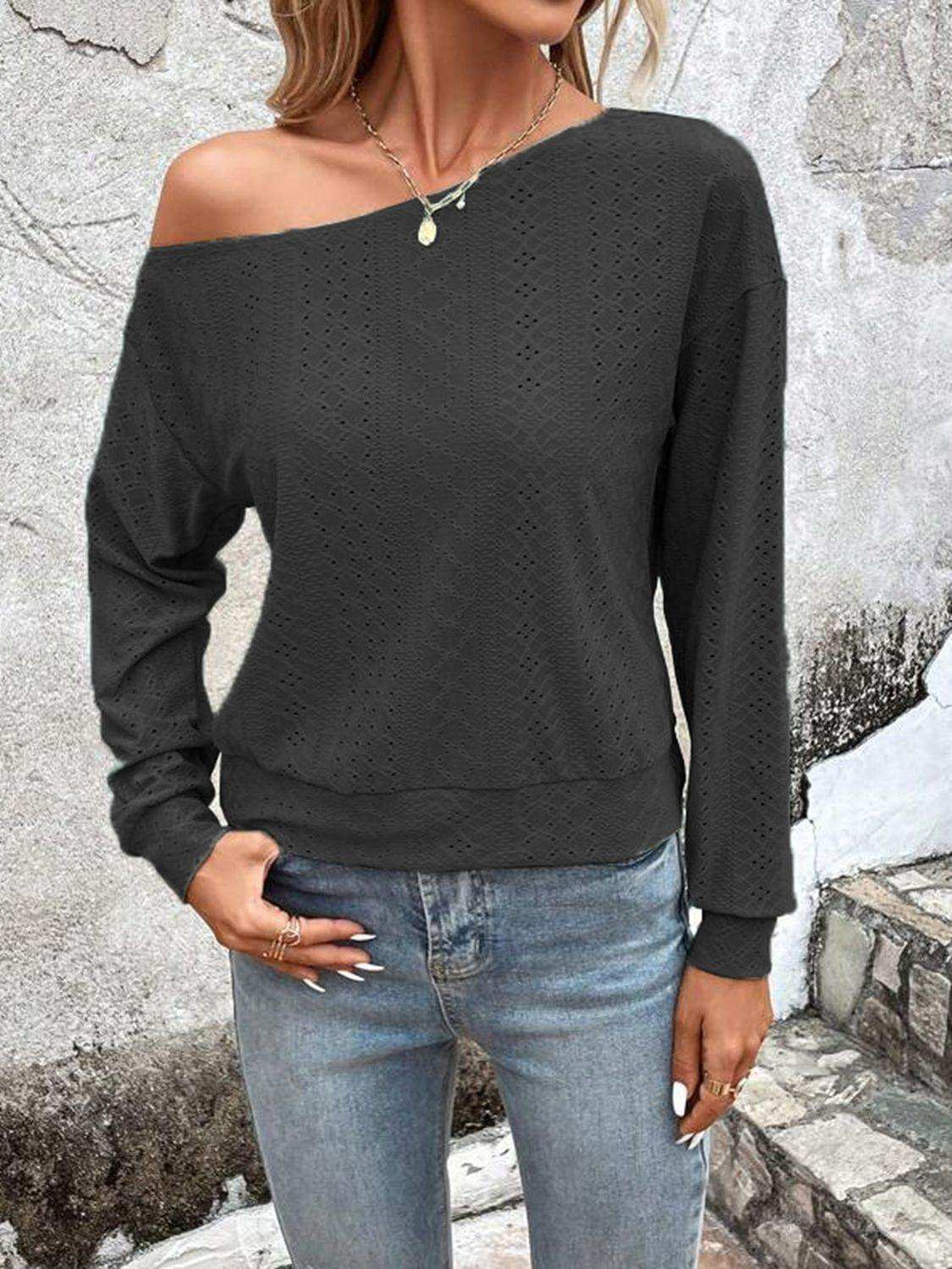 Eyelet Dropped Shoulder Blouse - Trendsi - Flyclothing LLC
