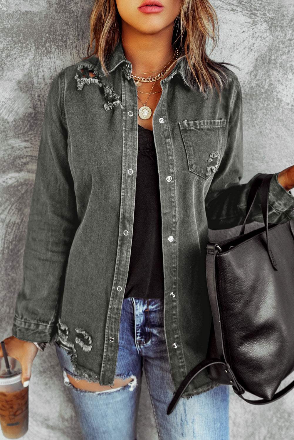 Distressed Raw Hem Snap Down Denim Jacket - Trendsi - Flyclothing LLC