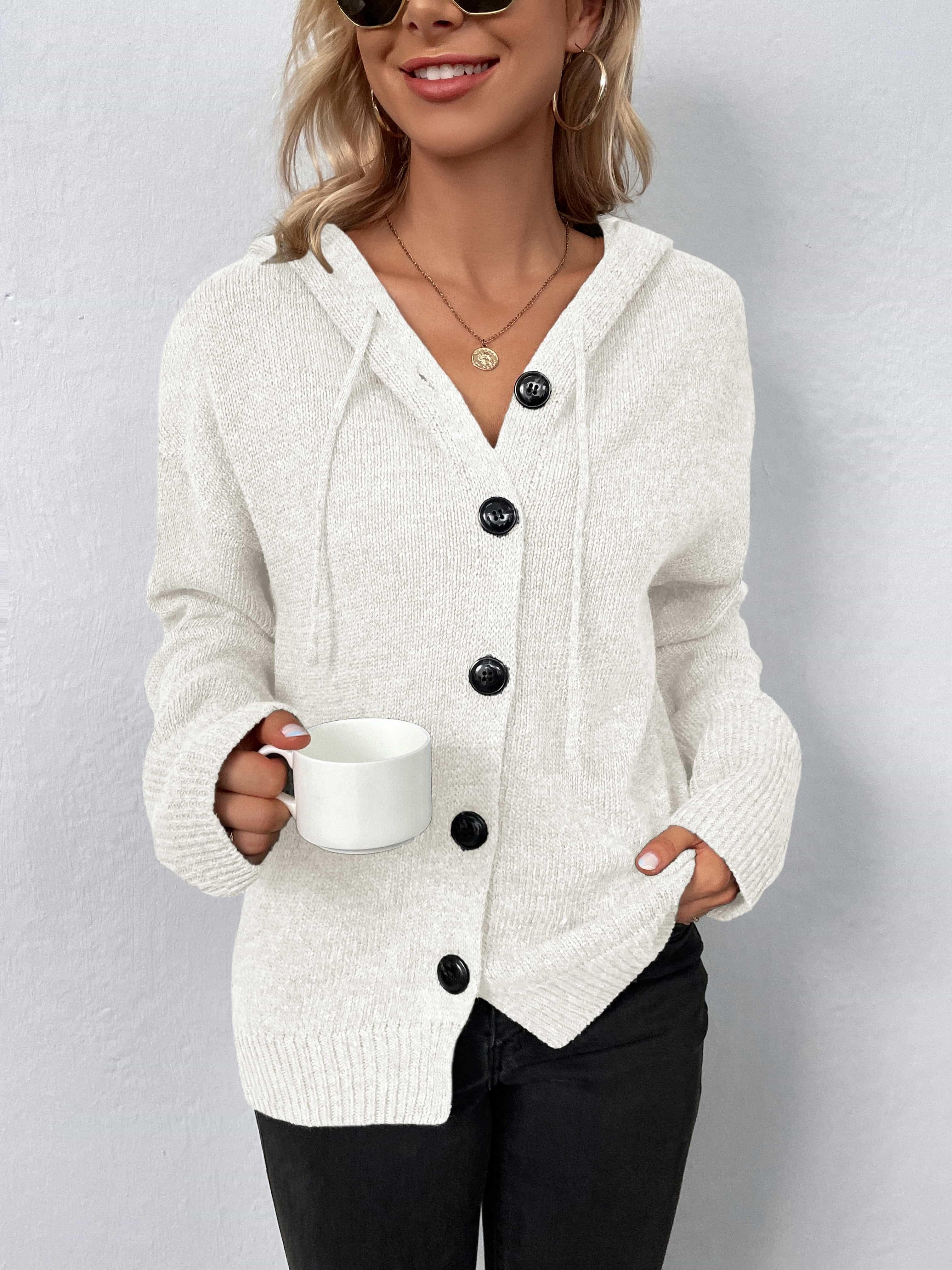 Hooded button up sweater sale