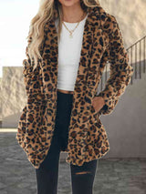 Leopard Collared Neck Coat with Pockets - Trendsi - Flyclothing LLC