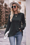 Ribbed Round Neck Buttoned Long Sleeve Tee - Trendsi - Flyclothing LLC