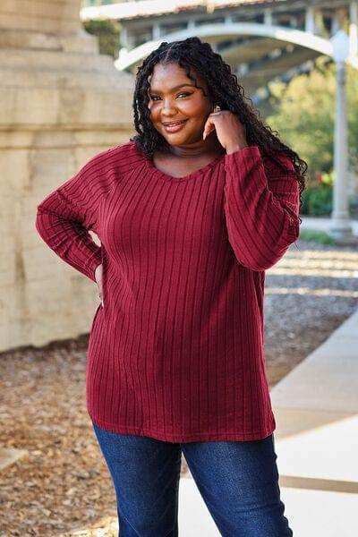 Basic Bae Full Size Ribbed Round Neck Long Sleeve Knit Top - Trendsi - Flyclothing LLC