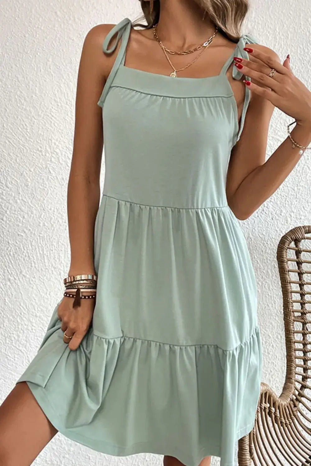 Tie-Shoulder Tiered Dress with Pockets - Trendsi - Flyclothing LLC