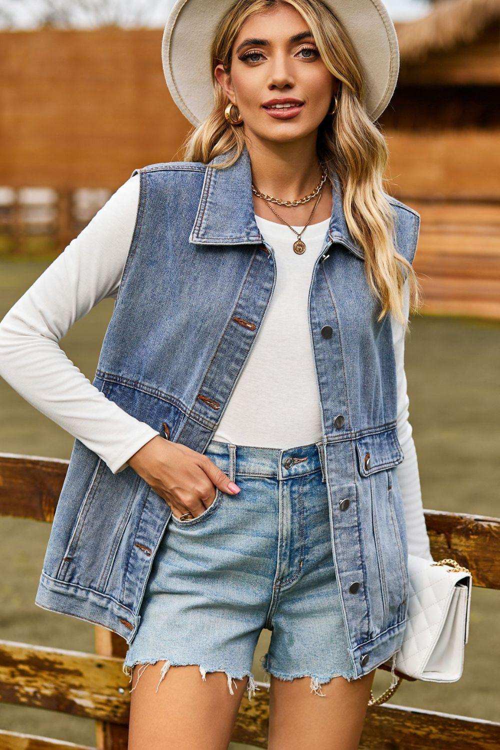 Sleeveless Collared Neck Denim Top with Pockets - Trendsi - Flyclothing LLC