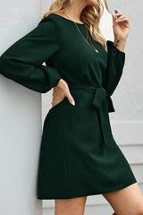 Tied Boat Neck Balloon Sleeve Mini Dress - Trendsi - Flyclothing LLC