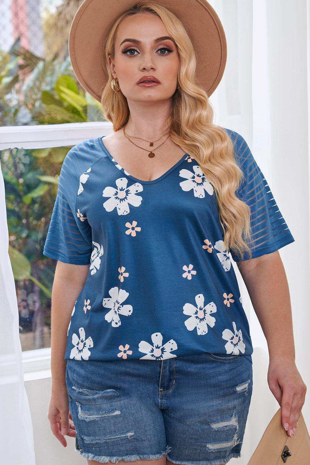 Plus Size V-Neck Raglan Sleeve Tee - Trendsi - Flyclothing LLC