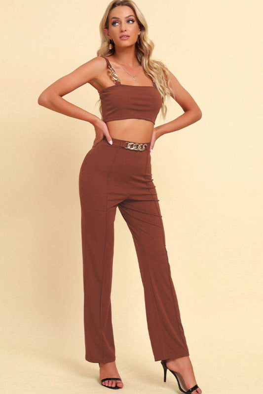 Chain Detail Cropped Cami and Straight Leg Pants Set - Trendsi - Flyclothing LLC