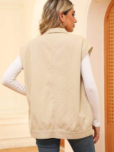 Pocketed Button Up Sleeveless Denim Jacket - Trendsi - Flyclothing LLC
