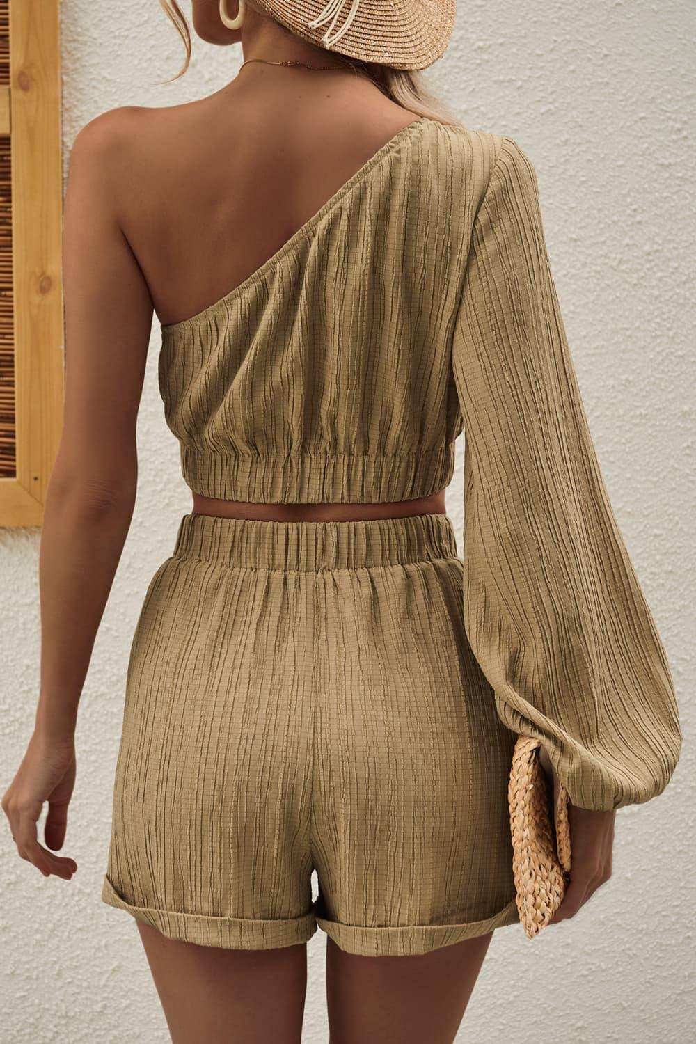 One-Shoulder Balloon Sleeve Crop Top and Shorts Set - Trendsi - Flyclothing LLC