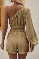 One-Shoulder Balloon Sleeve Crop Top and Shorts Set - Trendsi