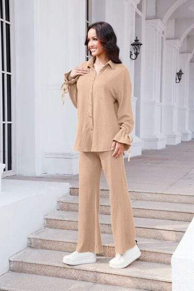 Drawstring Flounce Sleeve Shirt and Pants Set - Trendsi - Flyclothing LLC