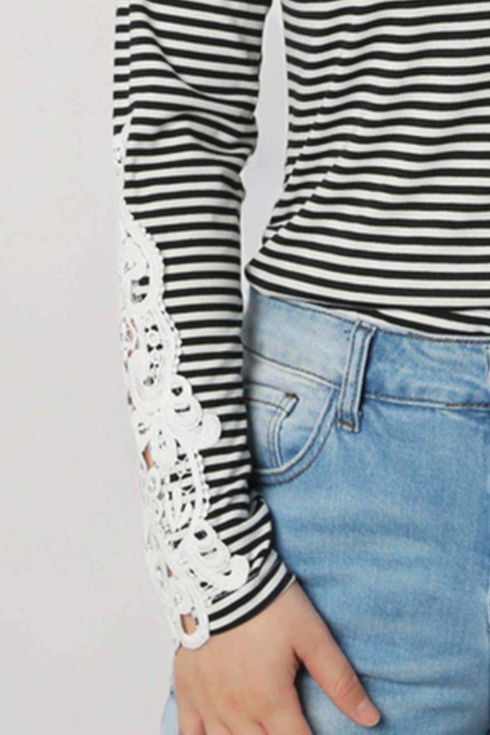 Striped Round Neck Long Sleeve Lace Trim T-Shirt - Trendsi - Flyclothing LLC